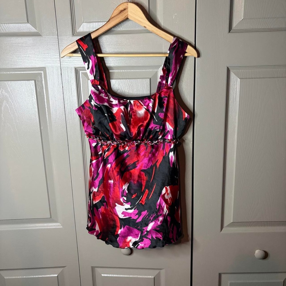 Cato Red Floral Beaded Chain Detail Tank Top Size L Y2K Satin Abstract Print